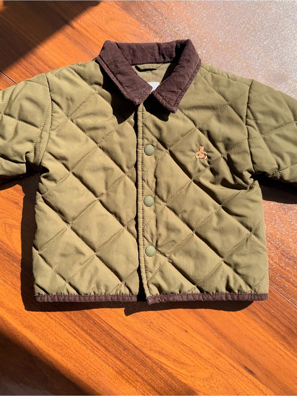GAP Olive Green Quilted Puffer with Brown Corduroy Collar